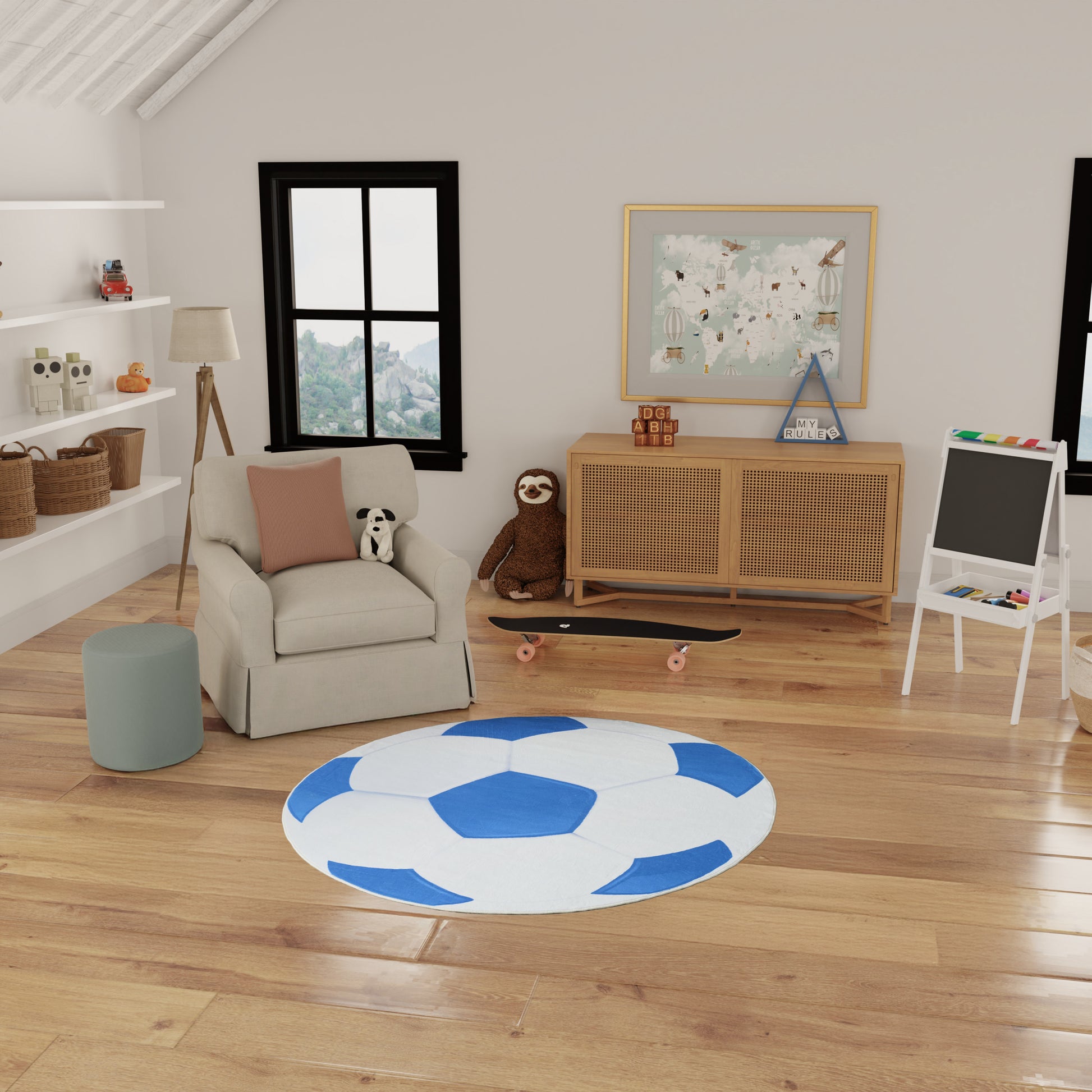 Cozy kids' playroom with round blue and white rug, beige armchair, stuffed animals, wicker baskets and a wooden cabinet.