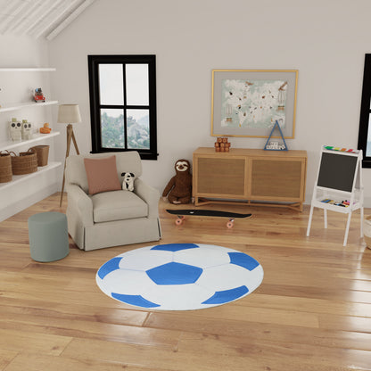 Cozy kids' playroom with round blue and white rug, beige armchair, stuffed animals, wicker baskets and a wooden cabinet.
