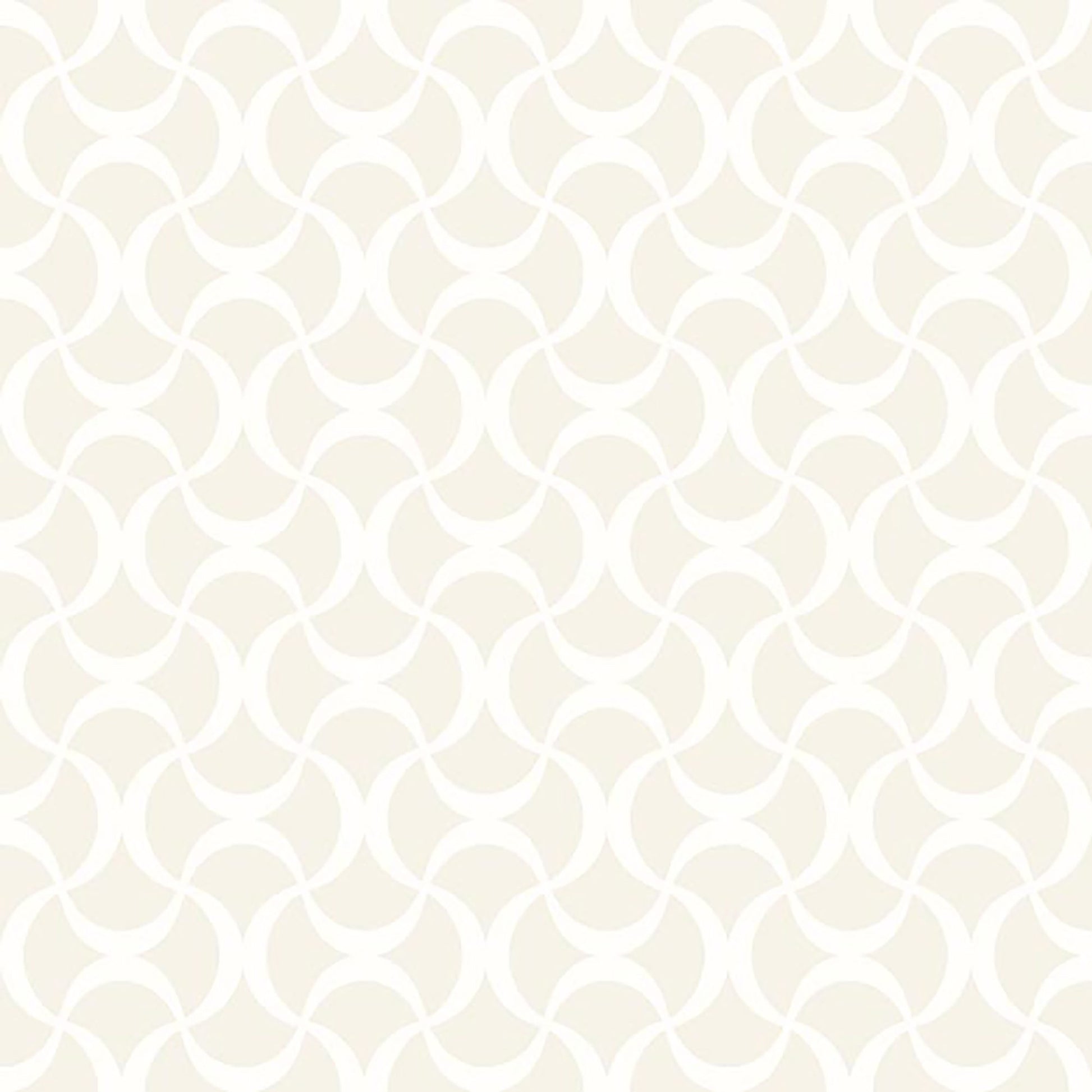 Cream-beige wallpaper with white interlocking curved-loop pattern; modern geometric damask style.
