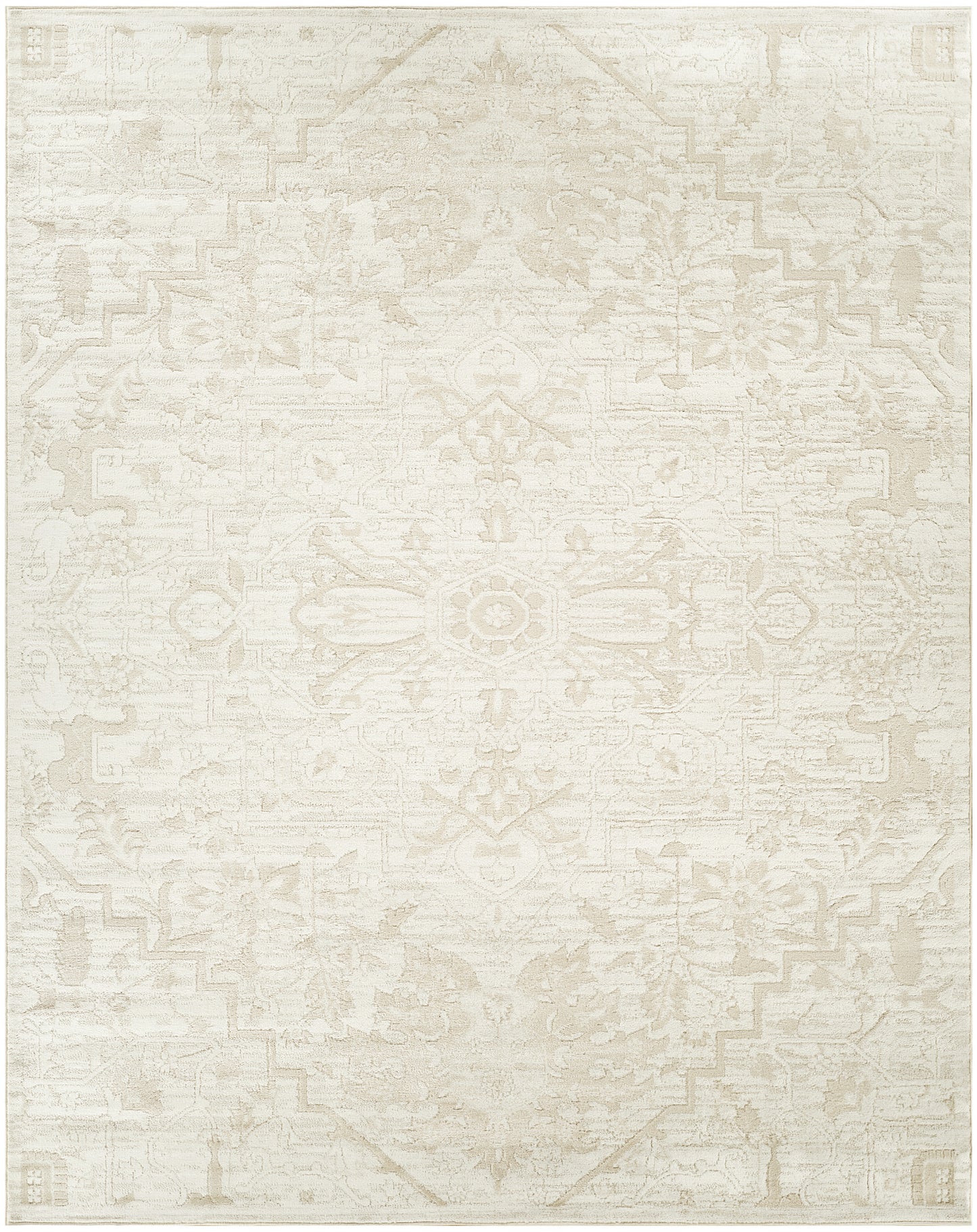 Cream-beige oriental-style area rug, rectangular, with faded floral medallion pattern & soft neutral tones.