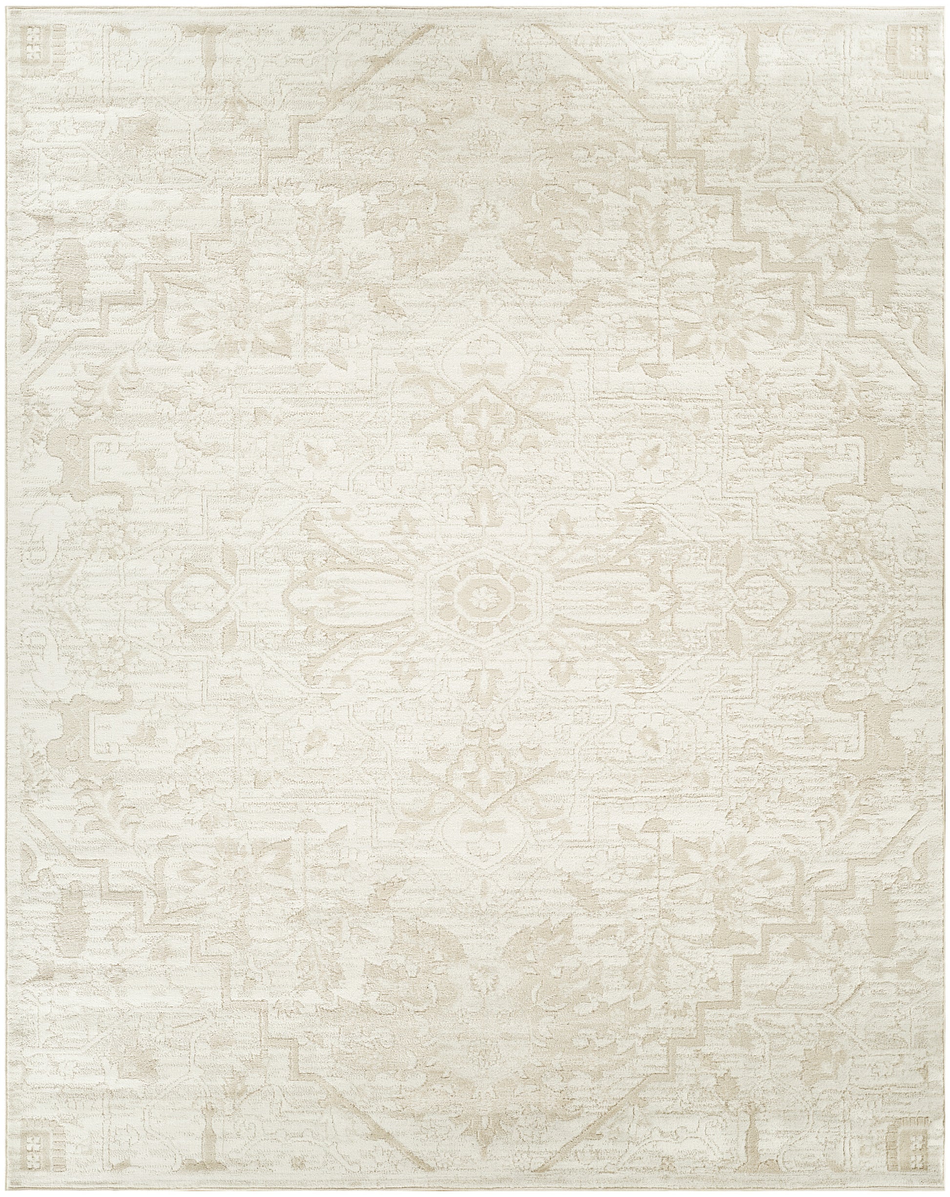 Cream-beige oriental-style area rug, rectangular, with faded floral medallion pattern & soft neutral tones.