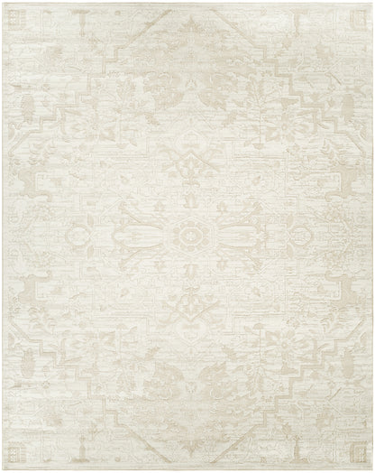 Cream-beige oriental-style area rug, rectangular, with faded floral medallion pattern & soft neutral tones.