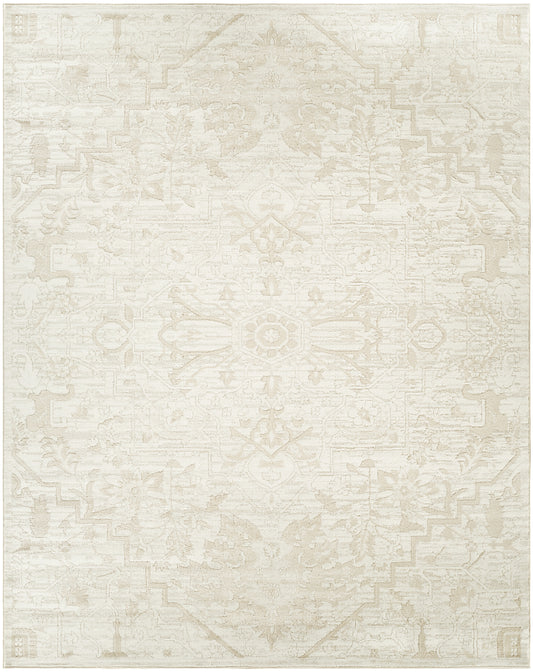 Cream-beige oriental-style area rug, rectangular, with faded floral medallion pattern & soft neutral tones.