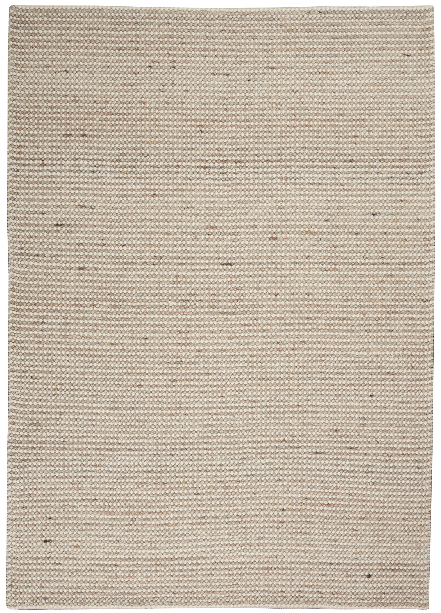 Beige flatwoven rug in natural fibers with speckled texture; rectangular, rustic minimal style.