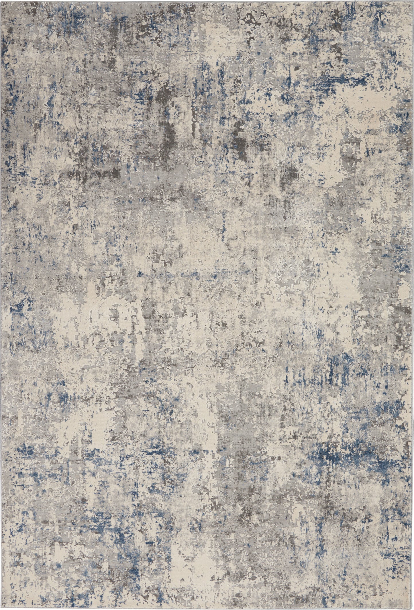 Abstract distressed area rug with beige, gray and blue tones in a painterly, modern pattern.
