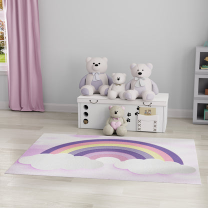 Pastel kids' room: plush bears in lavender outfits on a white toy chest, lavender rug with rainbow and clouds, pink curtains.