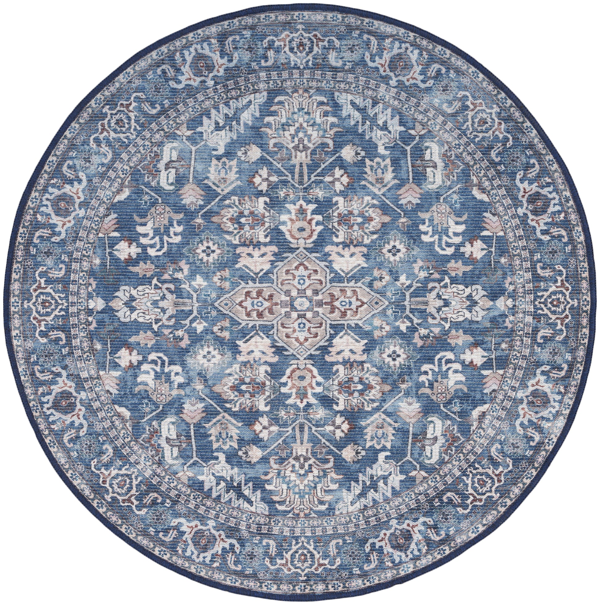 Round blue oriental rug with a central ivory medallion, pale blue details and an ornate surrounding border.