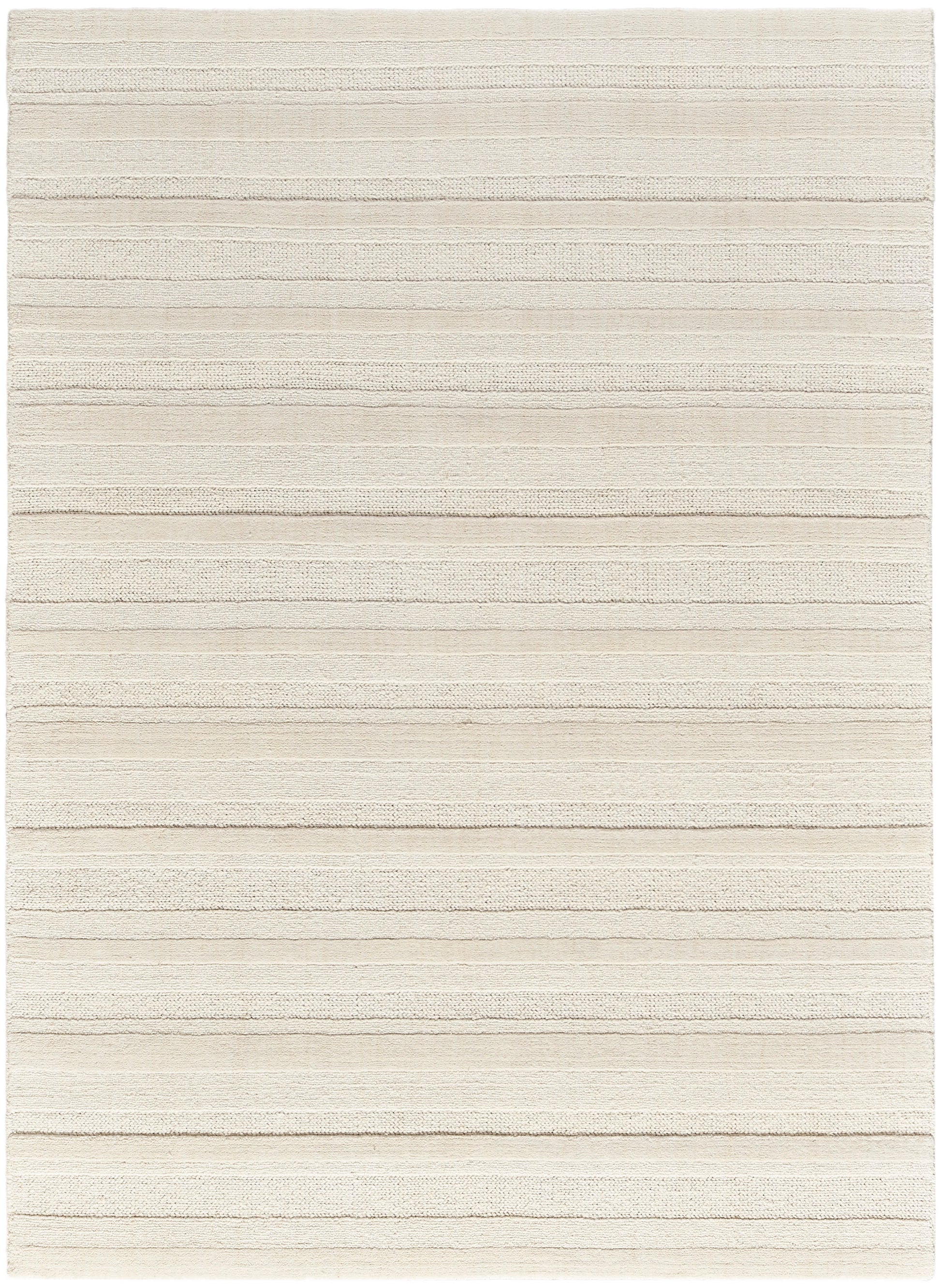 Rectangular cream rug with subtle beige horizontal stripes and a textured plush pile for a cozy living room look.