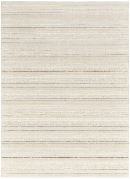 Rectangular cream rug with subtle beige horizontal stripes and a textured plush pile for a cozy living room look.