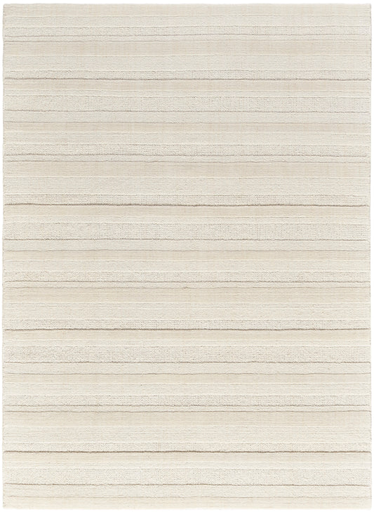 Rectangular cream rug with subtle beige horizontal stripes and a textured plush pile for a cozy living room look.