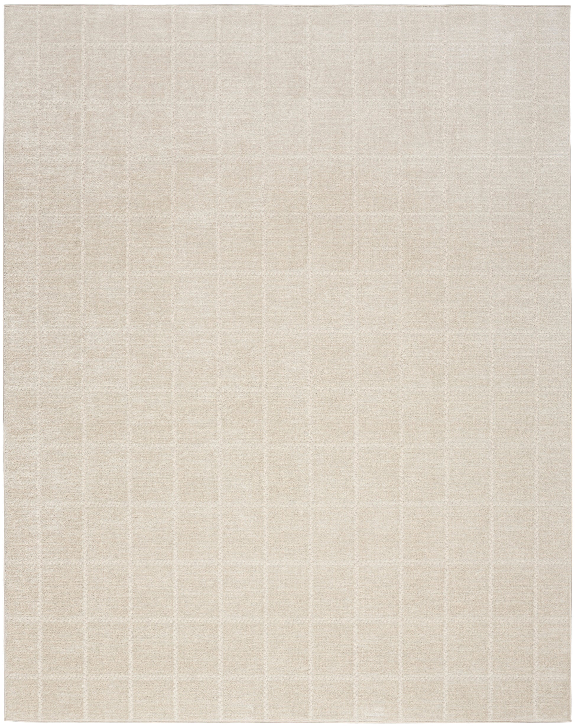 Beige woven area rug with subtle square grid pattern and neutral tone, ideal for living rooms.