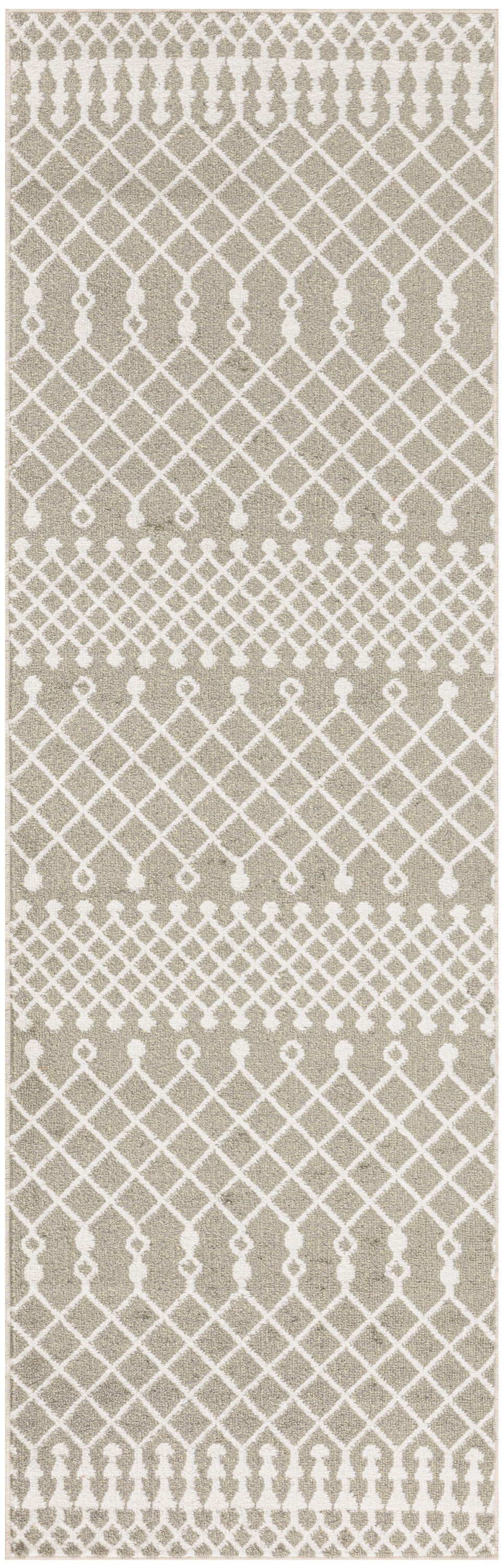 Beige bohemian runner rug with a white diamond lattice pattern.