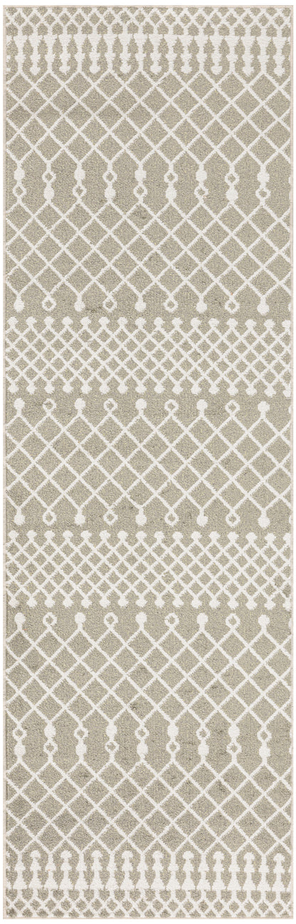 Beige bohemian runner rug with a white diamond lattice pattern.