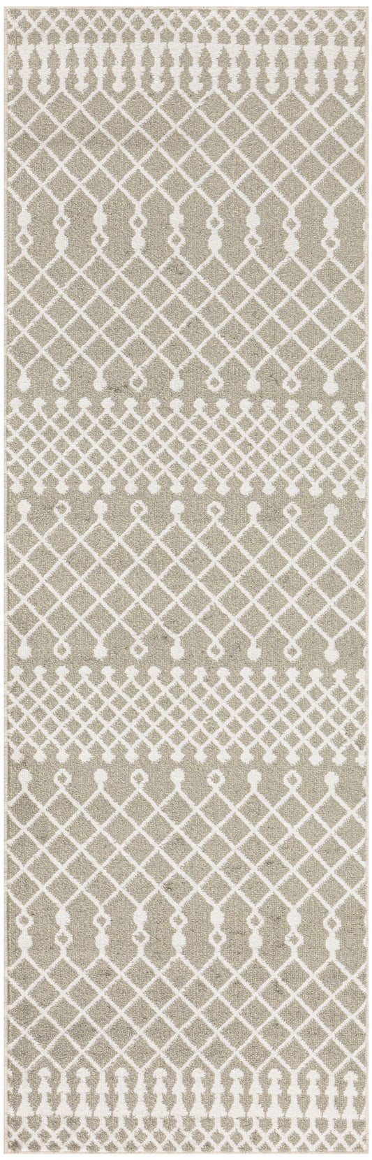 Beige bohemian runner rug with a white diamond lattice pattern.
