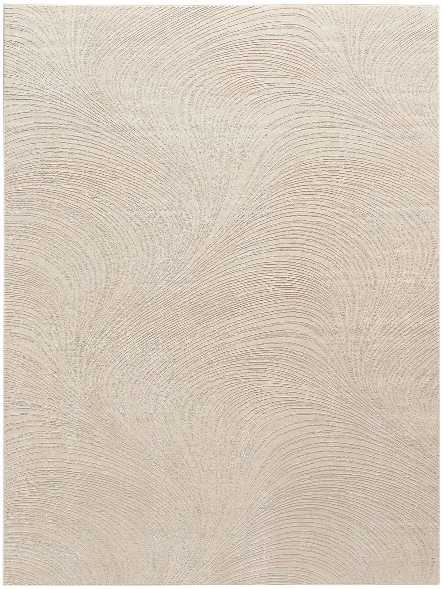 Cream-beige rug with flowing, swirling linear texture in a soft, neutral weave.