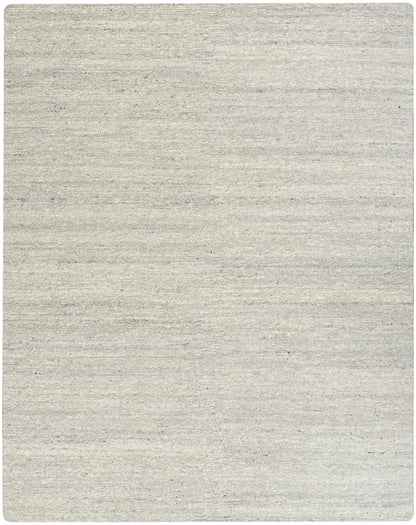 Beige flat-weave area rug with soft, textured off-white fibers and subtle horizontal striations.