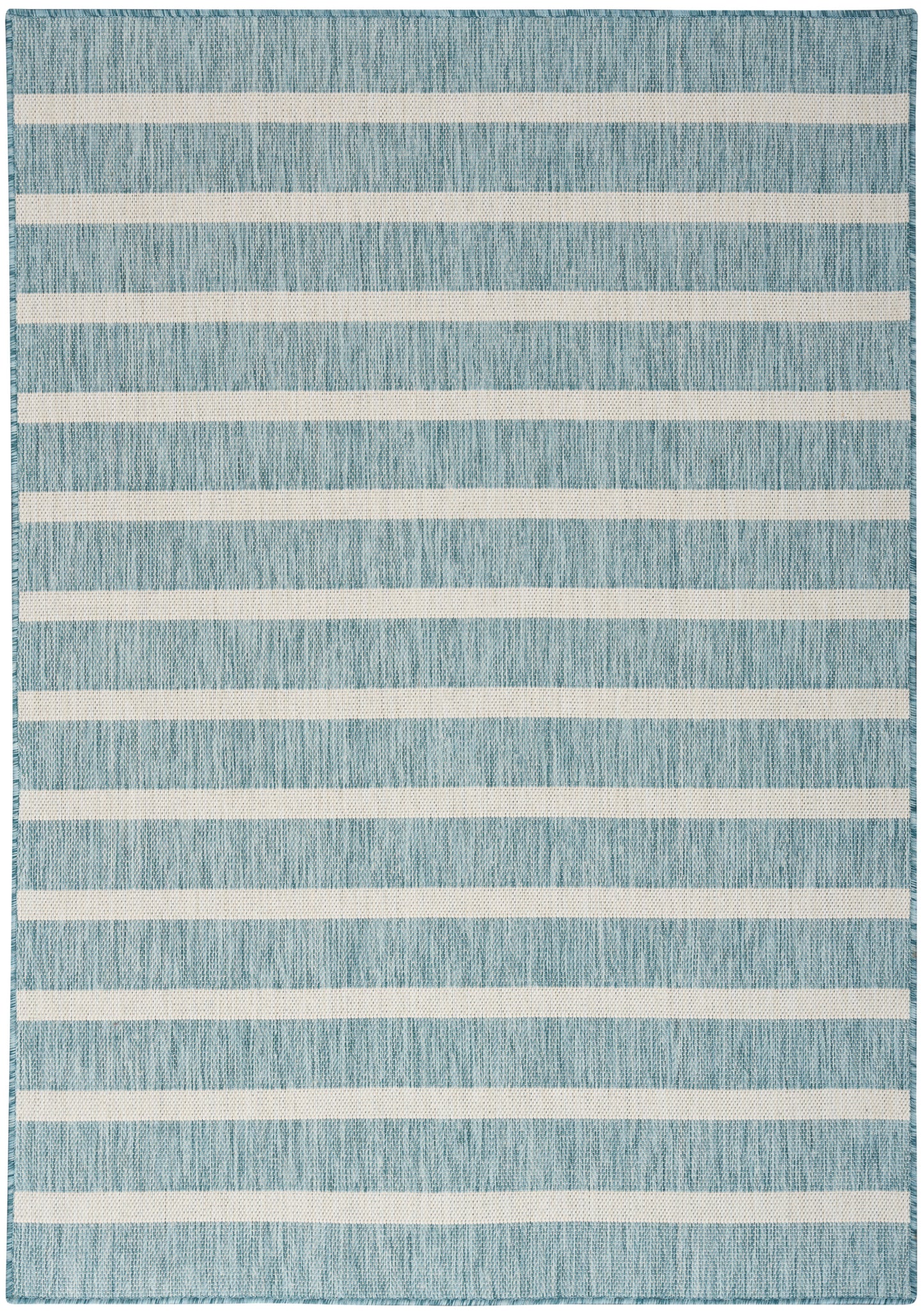 Blue textured flatweave rug with wide cream horizontal stripes; rectangular, modern coastal decor.