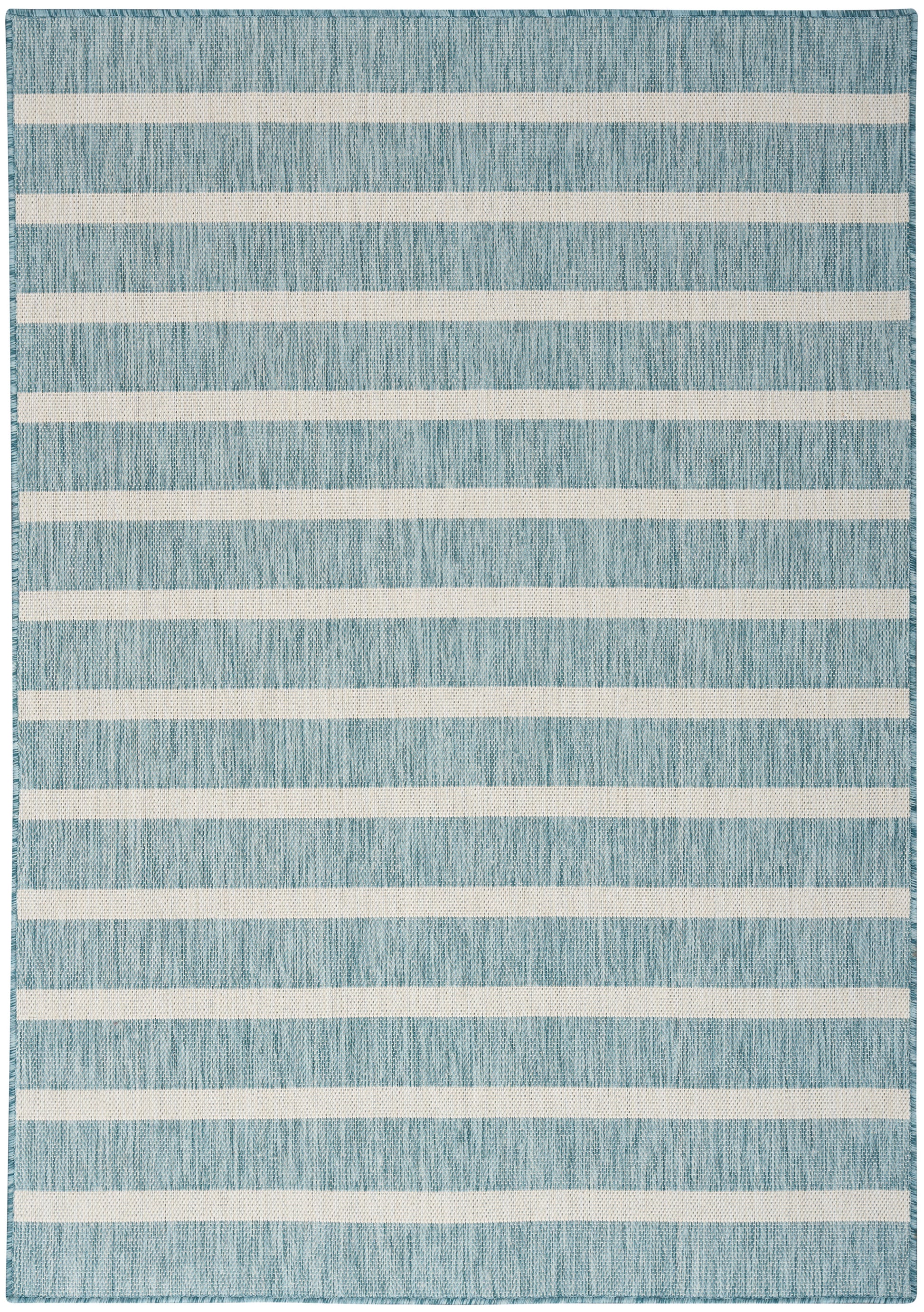 Blue textured flatweave rug with wide cream horizontal stripes; rectangular, modern coastal decor.