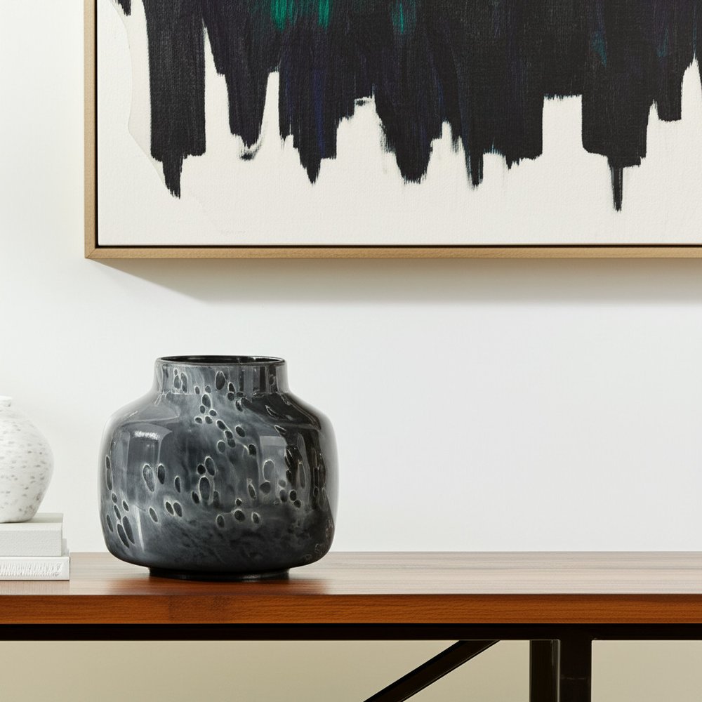 9" Black Mottled Round Glass Table Vase