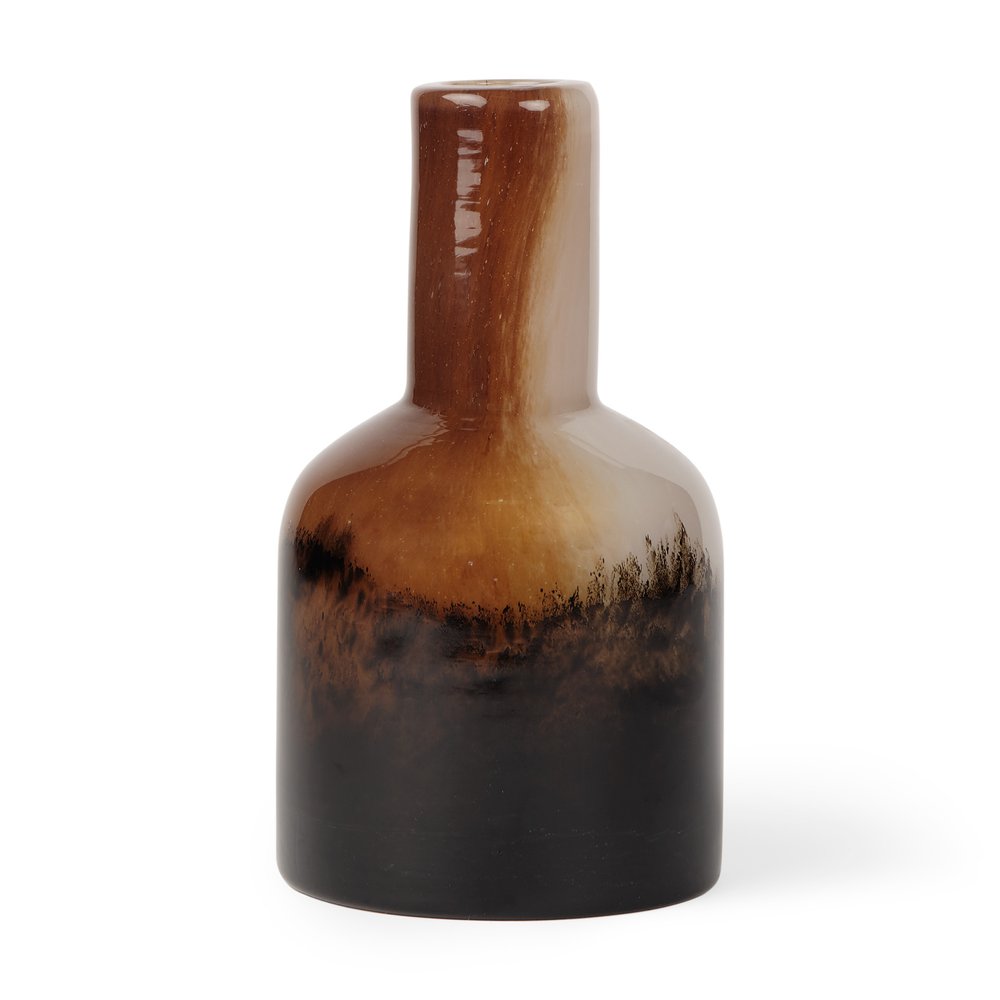 9" Amber Cream And Dark Brown Abstract Tulip Glass Table Vase