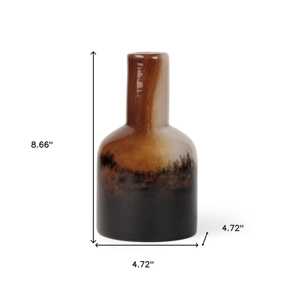 9" Amber Cream And Dark Brown Abstract Tulip Glass Table Vase