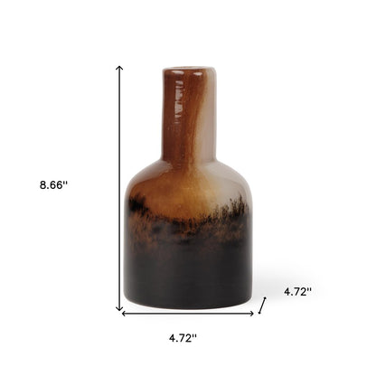 9" Amber Cream And Dark Brown Abstract Tulip Glass Table Vase