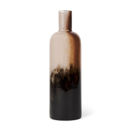 11" Amber Cream And Dark Brown Abstract Glass Table Vase