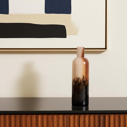 11" Amber Cream And Dark Brown Abstract Glass Table Vase