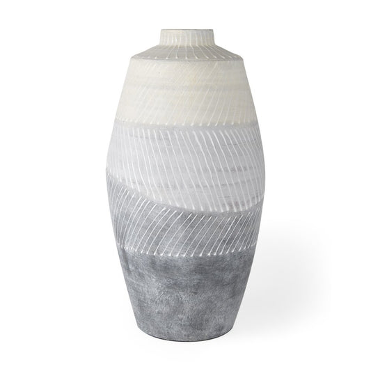 17" Cream And Gray Geometric Ceramic Table Vase