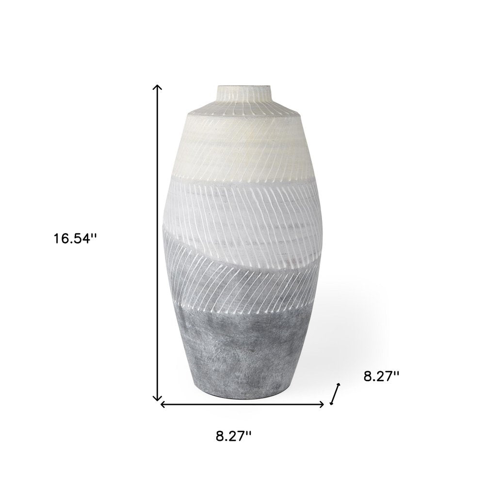 17" Cream And Gray Geometric Ceramic Table Vase