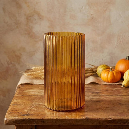 8" Amber Cylinder Ribbed Glass Table Vase