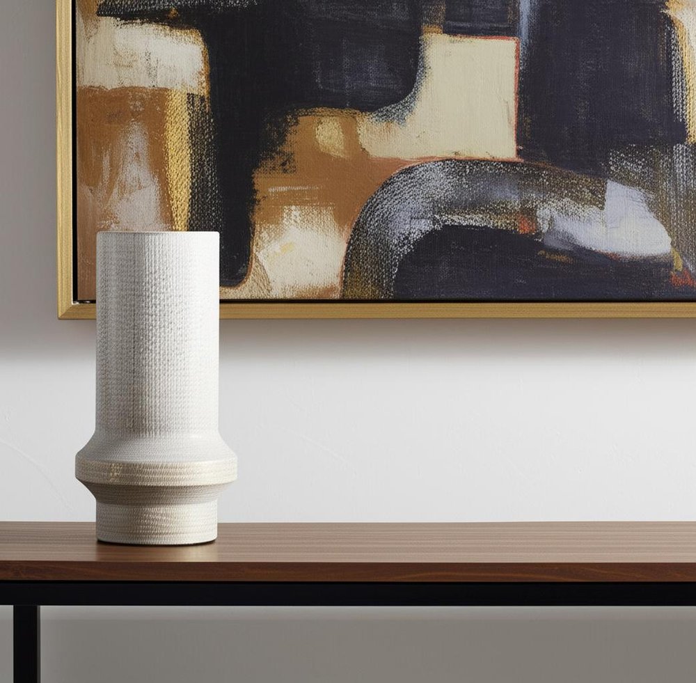 13" Off White And Gold Metal Cylinder Table Vase