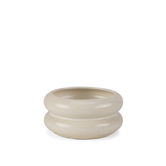 Cream cylindrical ceramic table vase, 4 inches tall.