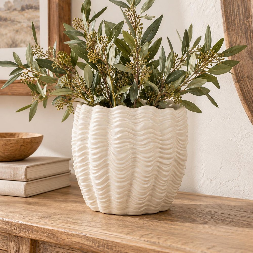 11" Cream Ceramic Sculptural Waves Table Vase