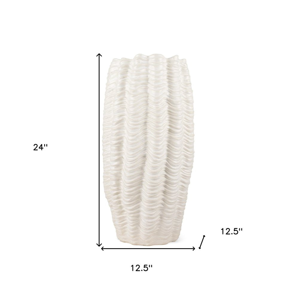 24" Cream Cylinder Ceramic Sculptural Waves Table Vase