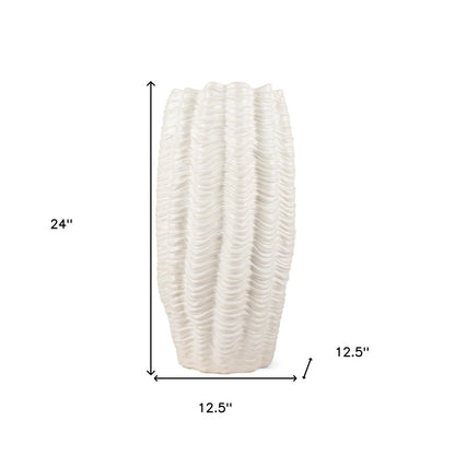 24" Cream Cylinder Ceramic Sculptural Waves Table Vase