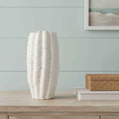 24" Cream Cylinder Ceramic Sculptural Waves Table Vase