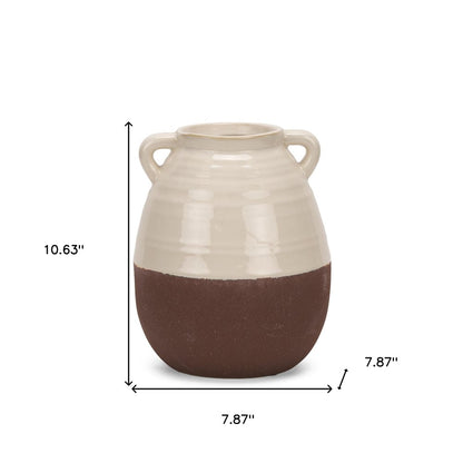 11" Brown And Cream Ceramic Amphora Table Vase
