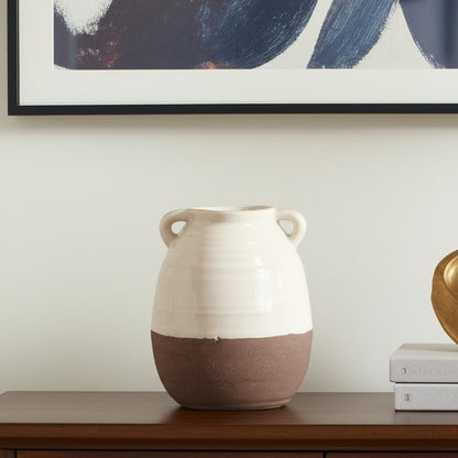 11" Brown And Cream Ceramic Amphora Table Vase