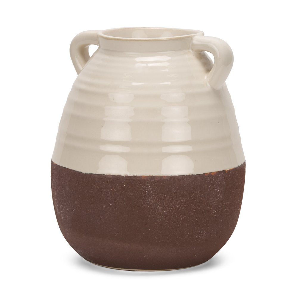 14" Brown And Cream Ceramic Amphora Table Vase