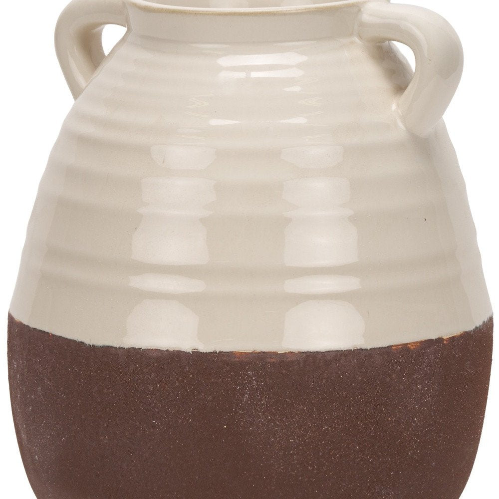 14" Brown And Cream Ceramic Amphora Table Vase