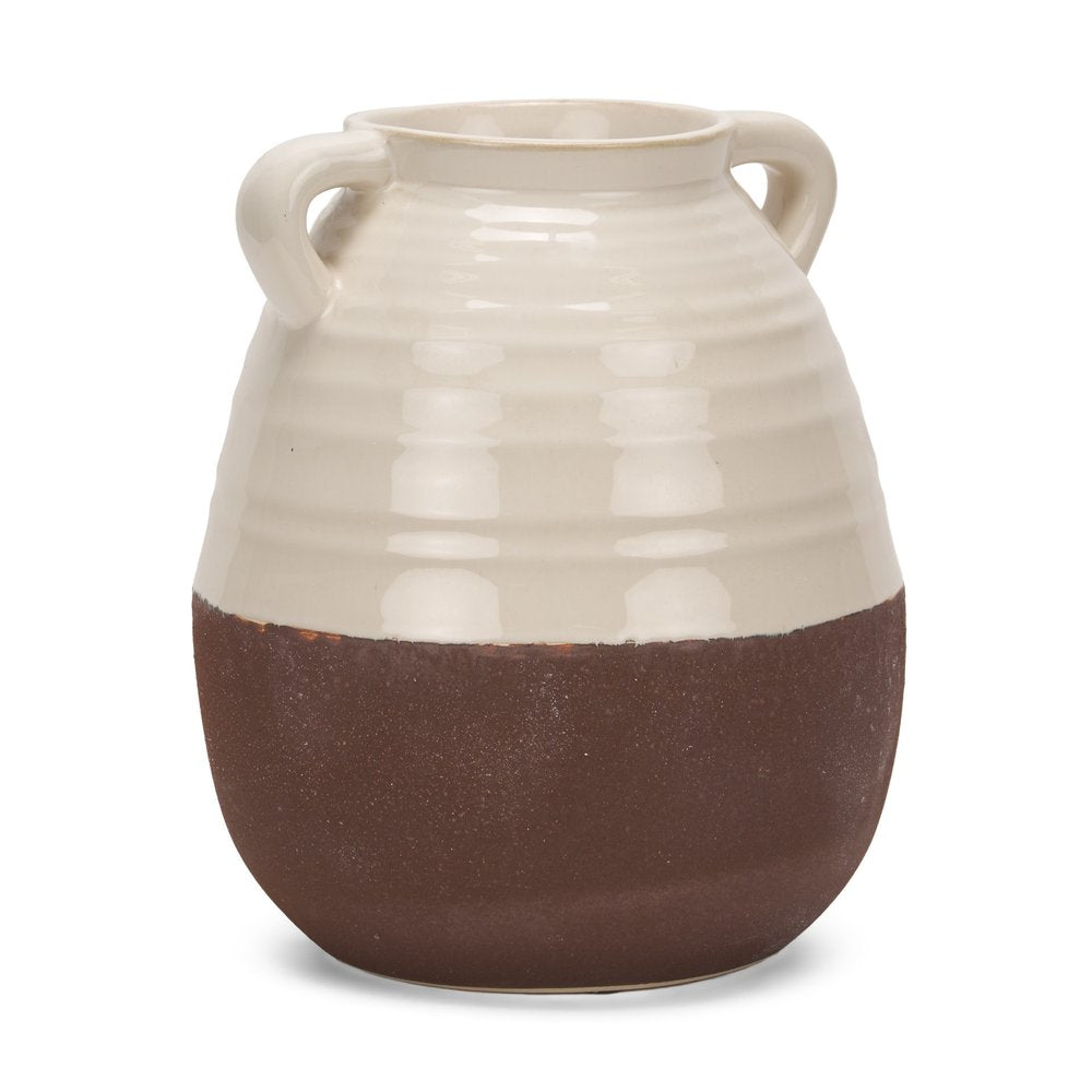 14" Brown And Cream Ceramic Amphora Table Vase