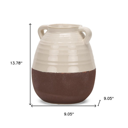 14" Brown And Cream Ceramic Amphora Table Vase