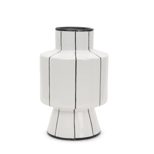 16" White And Black Striped Ceramic Cylinder Table Vase