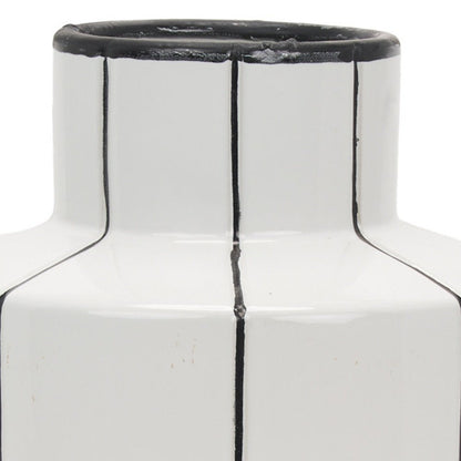 16" White And Black Striped Ceramic Cylinder Table Vase