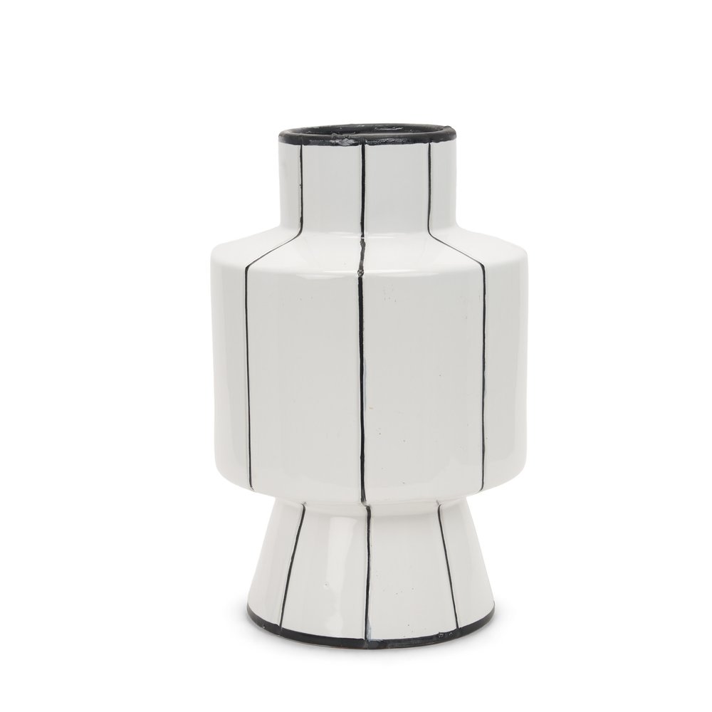 16" White And Black Striped Ceramic Cylinder Table Vase