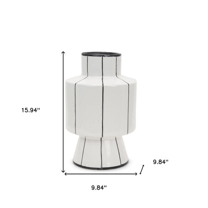 16" White And Black Striped Ceramic Cylinder Table Vase