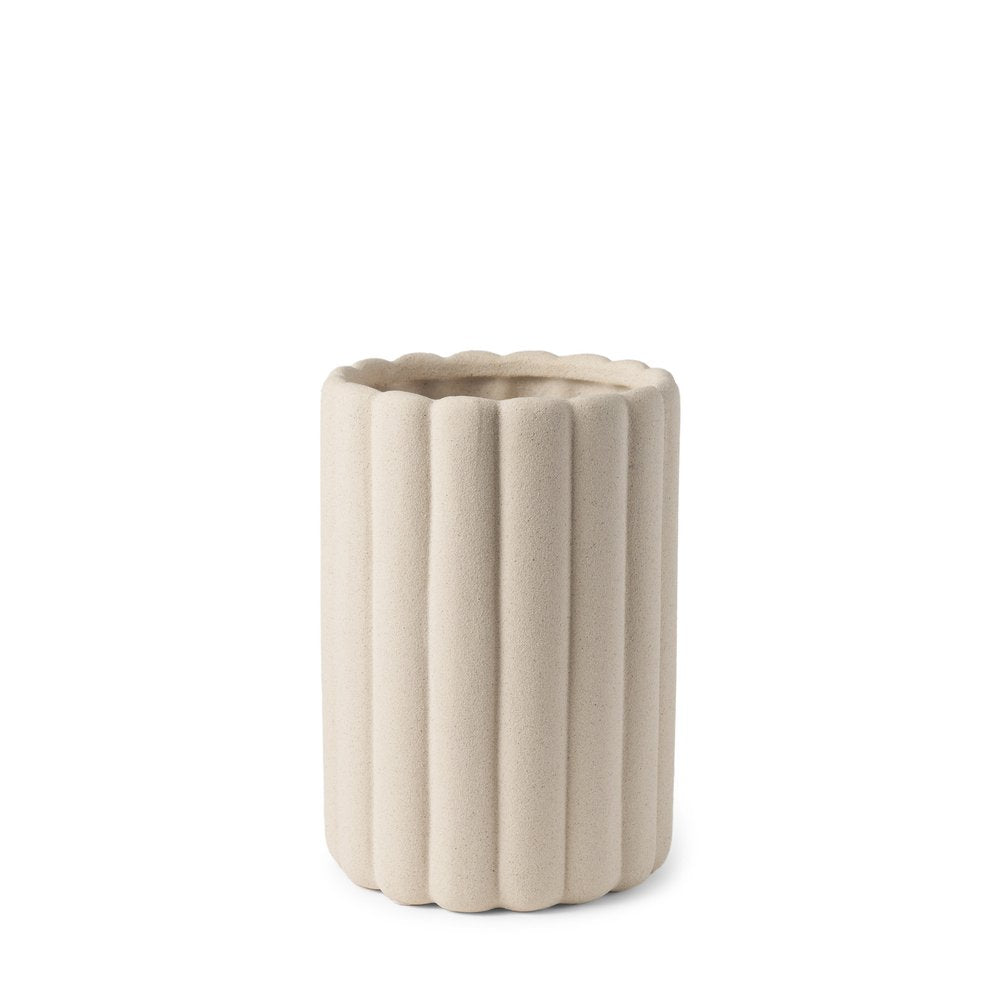 11" Beige Cylinder Ribbed Texture Ceramic Table Vase