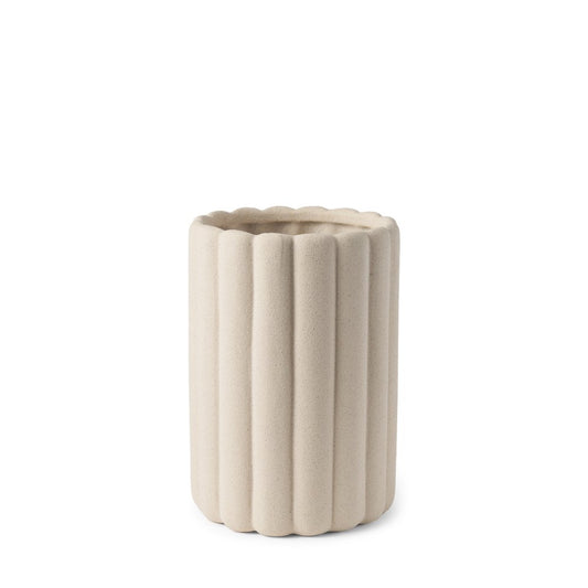 11" Beige Cylinder Ribbed Texture Ceramic Table Vase