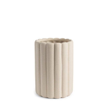 11" Beige Cylinder Ribbed Texture Ceramic Table Vase